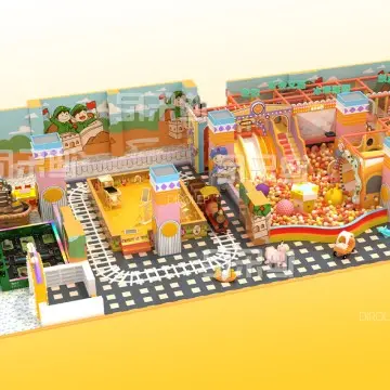 The trendy play sports hall features a factory-themed indoor playground with high-quality play equipment.