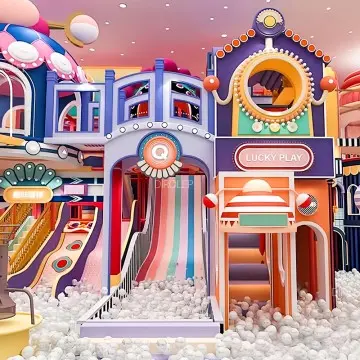 The trendy play sports hall’s indoor playground boasts advanced factory-inspired play equipment, including interactive slides and climb structures