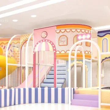 Reputable custom playground supplier designs Instagram-worthy macaron play areas with combined trampolines, slides, climbing walls and ninja courses.