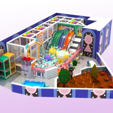 Safe Morandi Tone Indoor Playground with Complete Slide Trampoline Climbing Wall and Ninja Course Setup