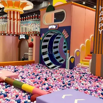 The trendy play sports hall features a factory-themed indoor playground with high-quality play equipment, including slides and climbing frames